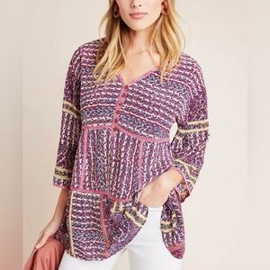 Maeve Anthropologie Lilyana Tiered Boho Tunic Blouse 100% Silk Bell Sleeves Sz M